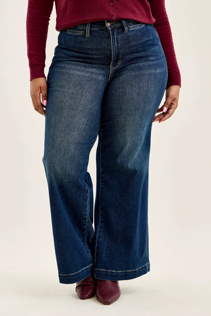 Lux Vintage Brushed Blue Wide Leg with Welt Pockets - PLUS