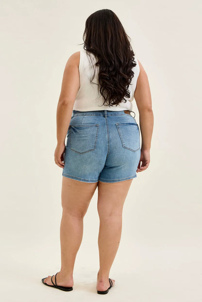 Erin Tummy Control Cool Denim Double Waistband Shorts - PLUS