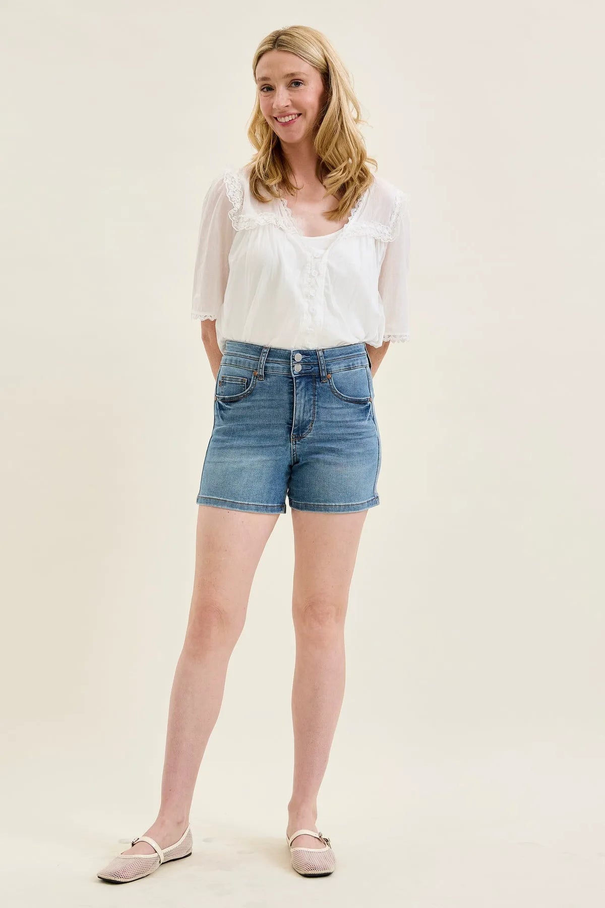 Erin Tummy Control Cool Denim Double Waistband Shorts