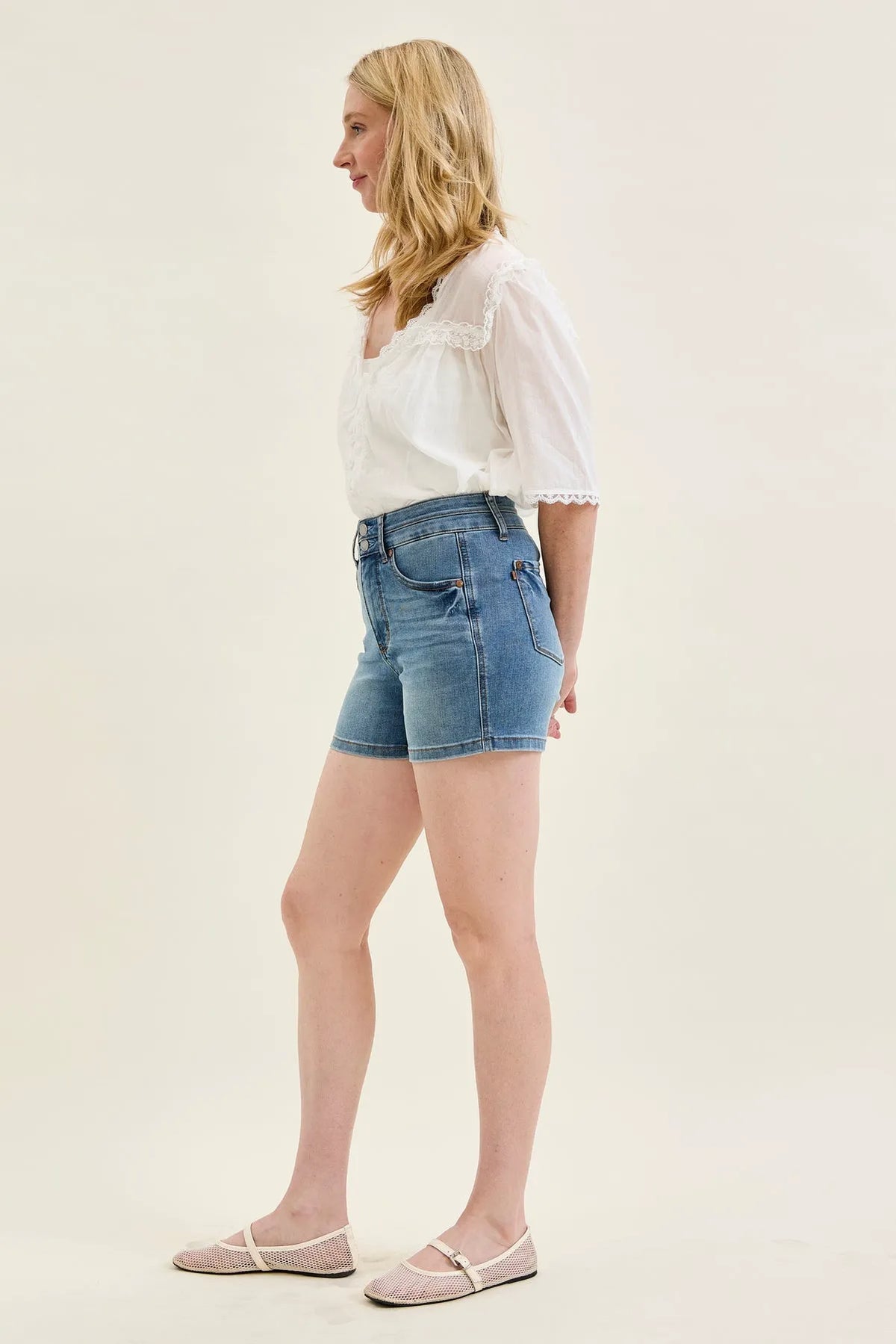 Erin Tummy Control Cool Denim Double Waistband Shorts