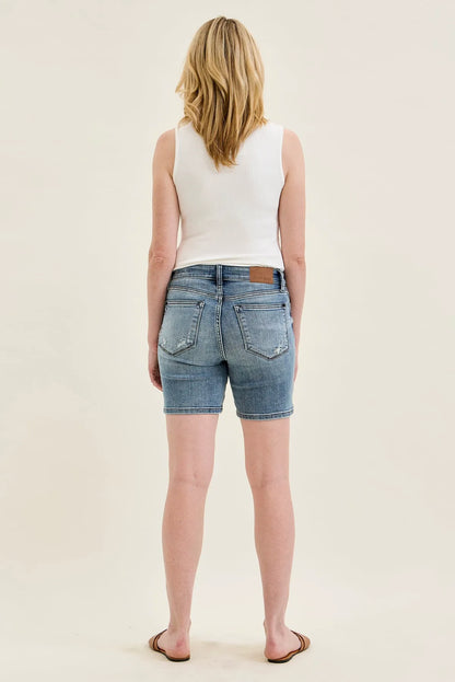 Louisa Button Fly Mid-Length Shorts With Distressing
