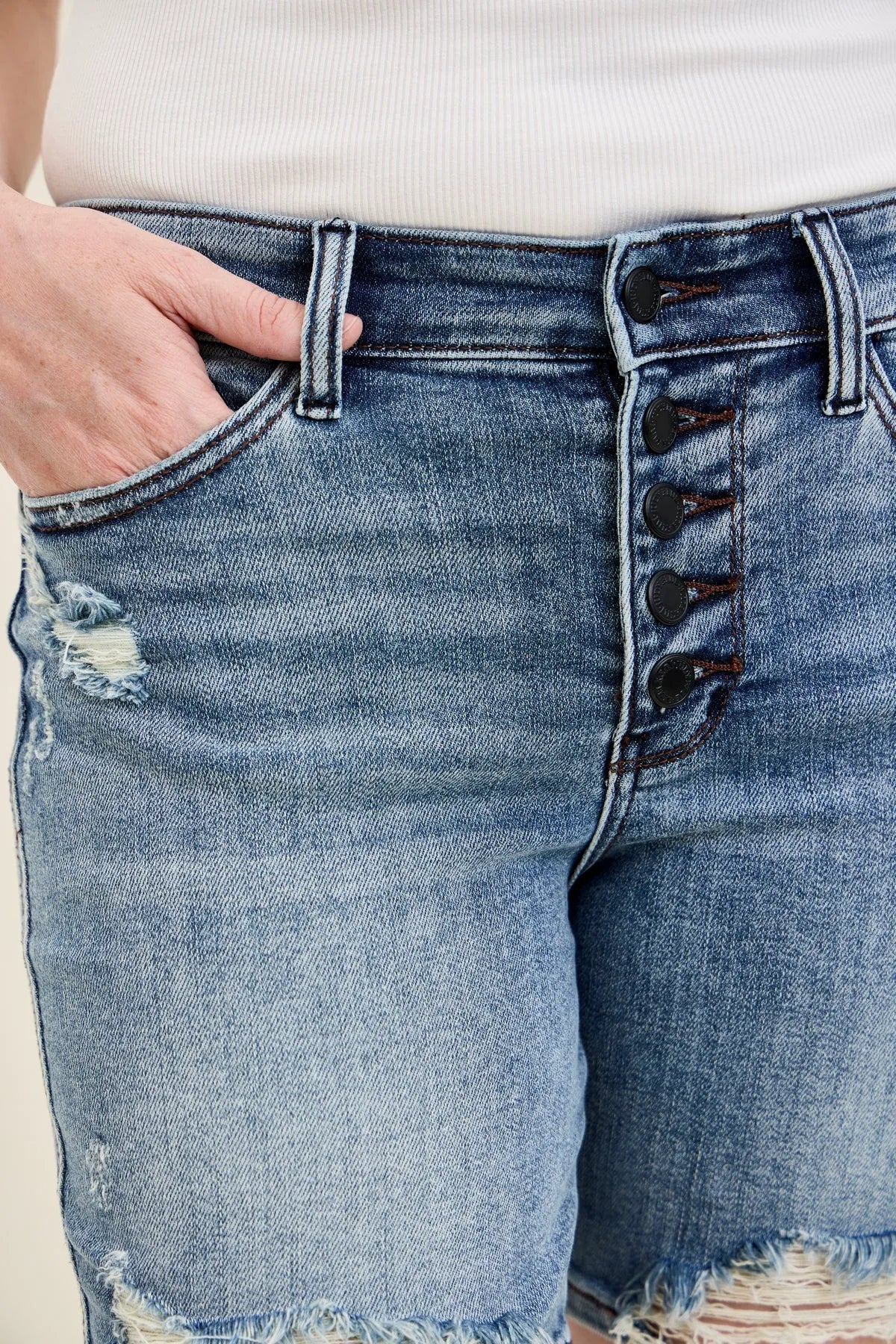 Louisa Button Fly Mid-Length Shorts With Distressing