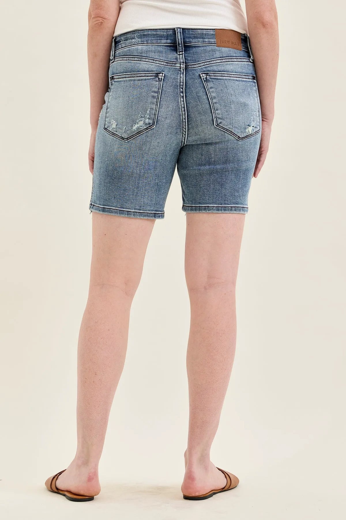 Louisa Button Fly Mid-Length Shorts With Distressing