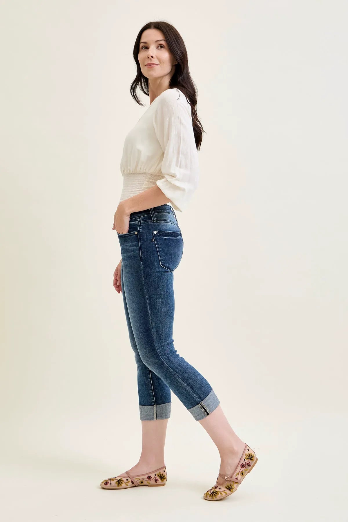Melanie Dark Wash Cuffed Capri Jeans