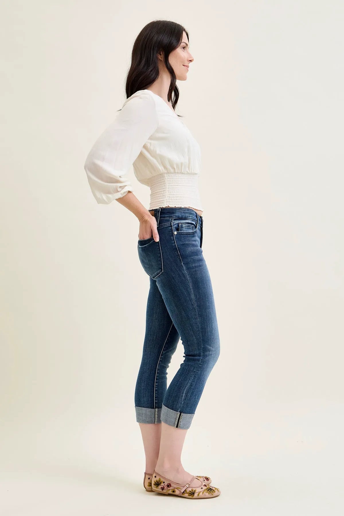 Melanie Dark Wash Cuffed Capri Jeans