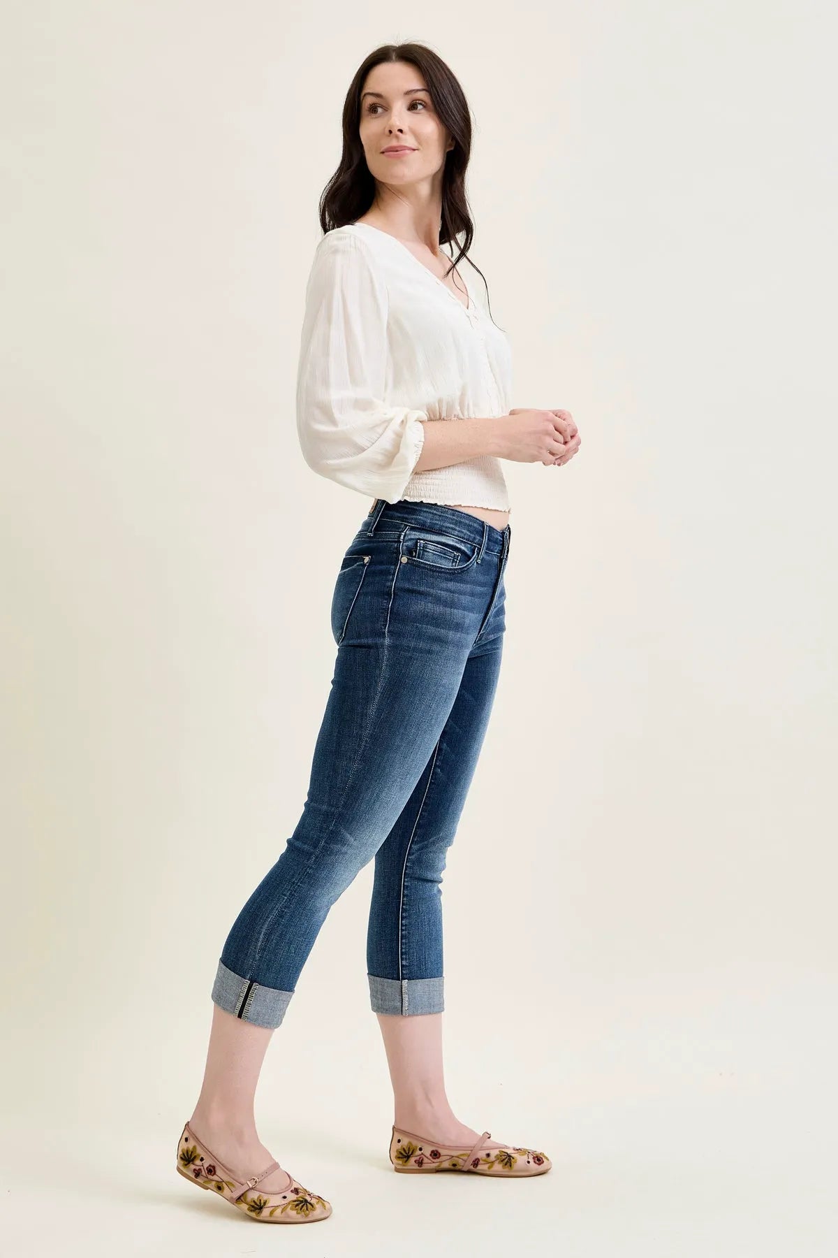 Melanie Dark Wash Cuffed Capri Jeans