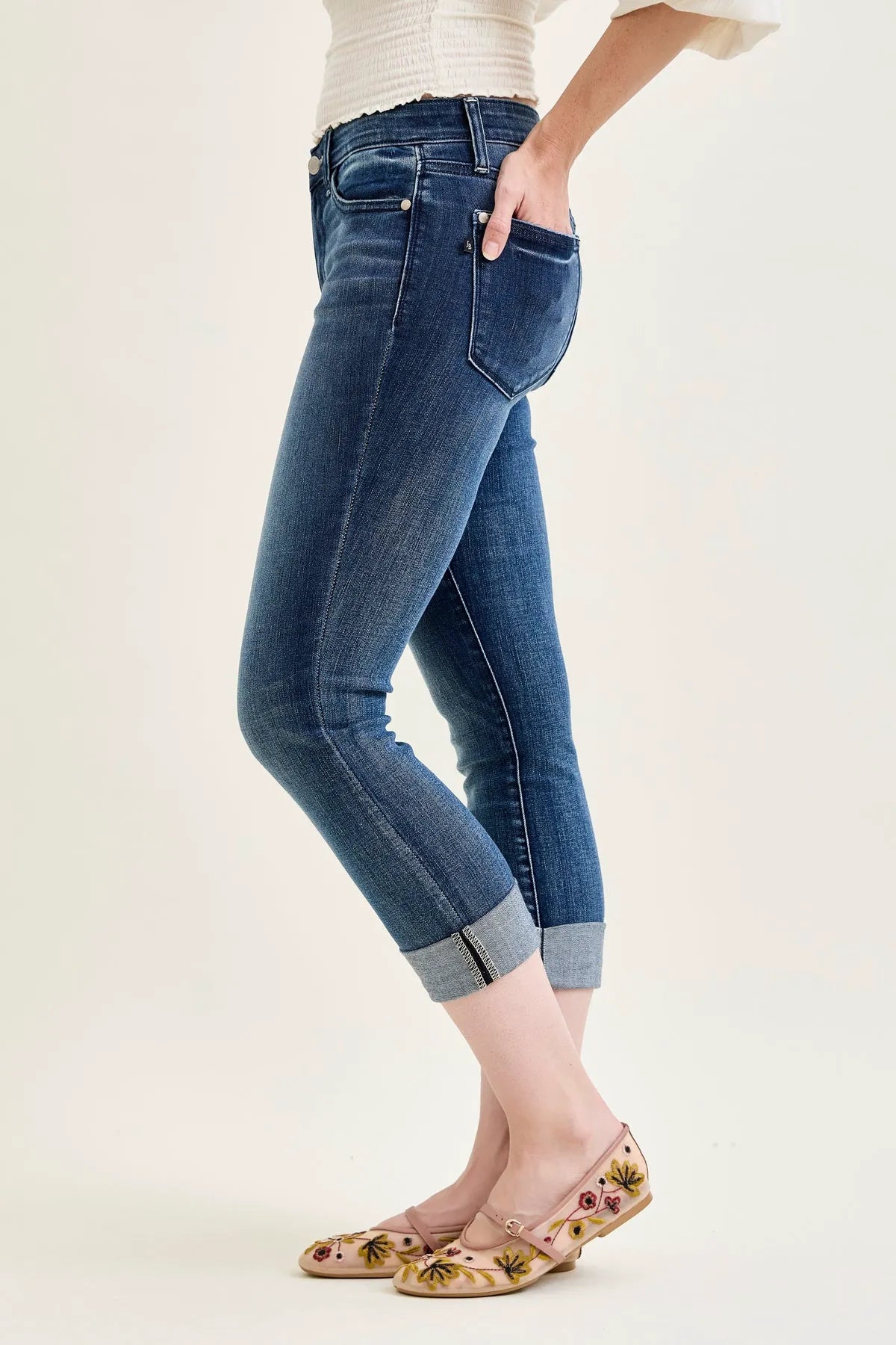 Melanie Dark Wash Cuffed Capri Jeans