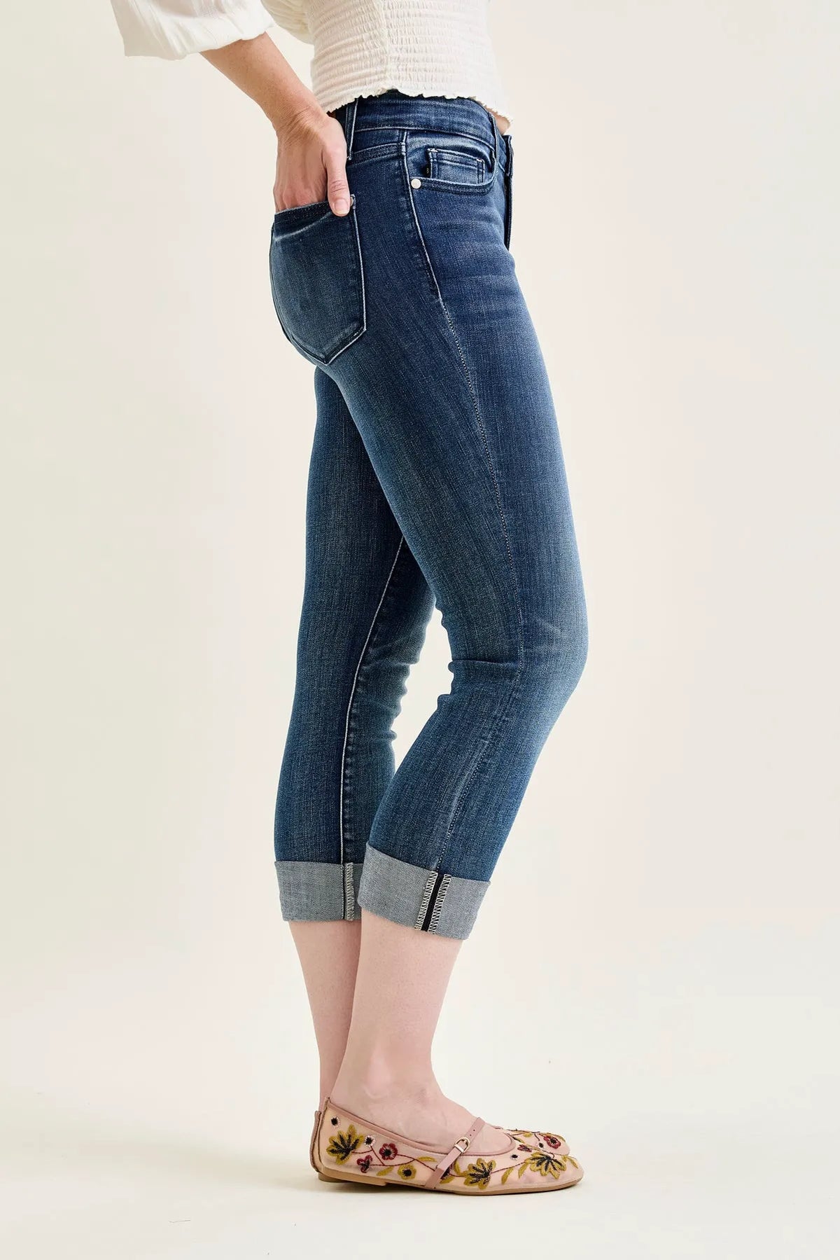 Melanie Dark Wash Cuffed Capri Jeans