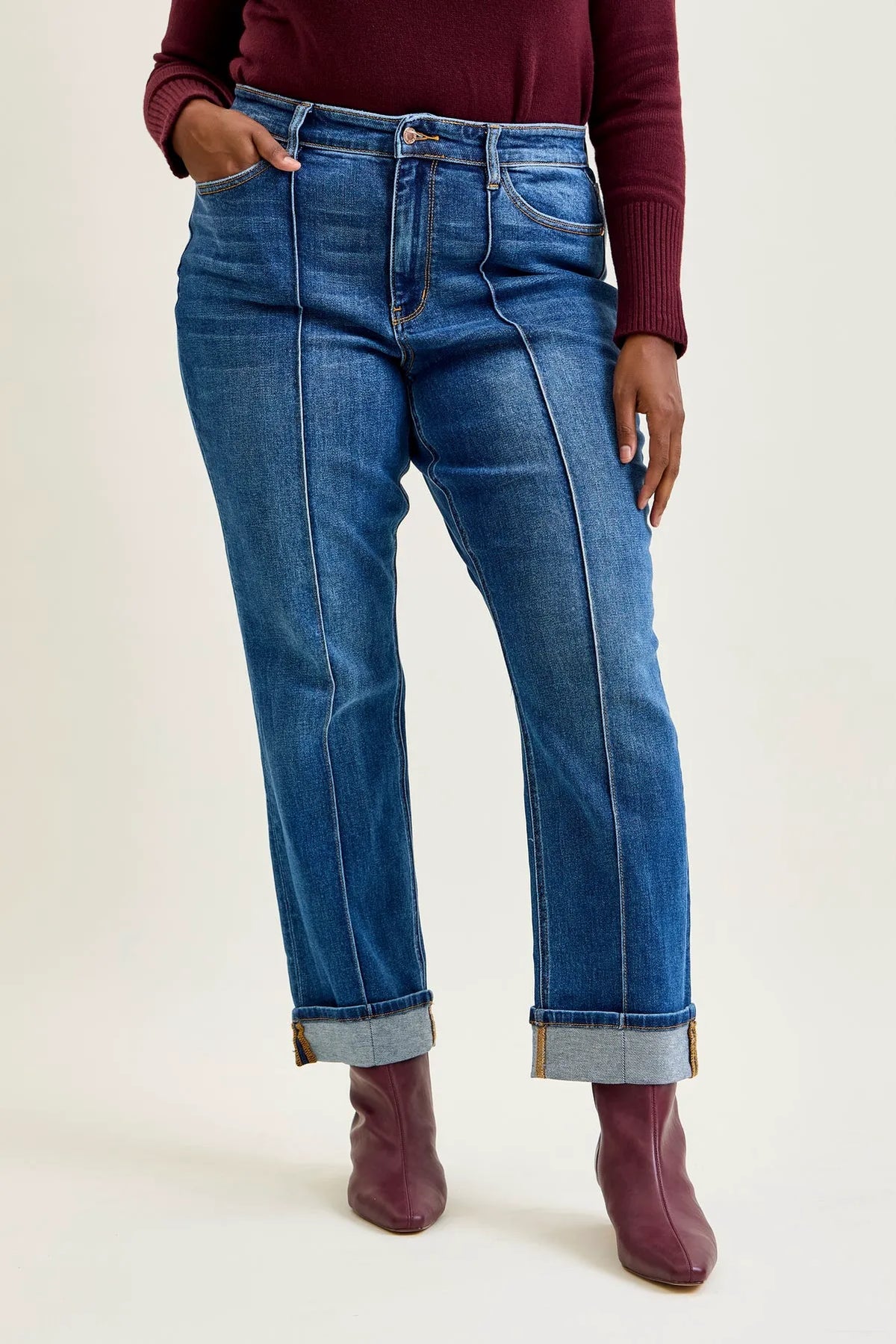 Kimberly Front Seam Detail & Cuffed Straight Fit Jeans - PLUS