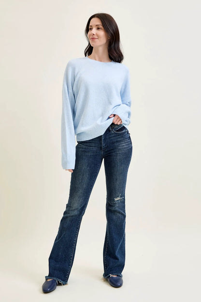 Charlotte Flare Jeans with Distressed Knee & Frayed Hem
