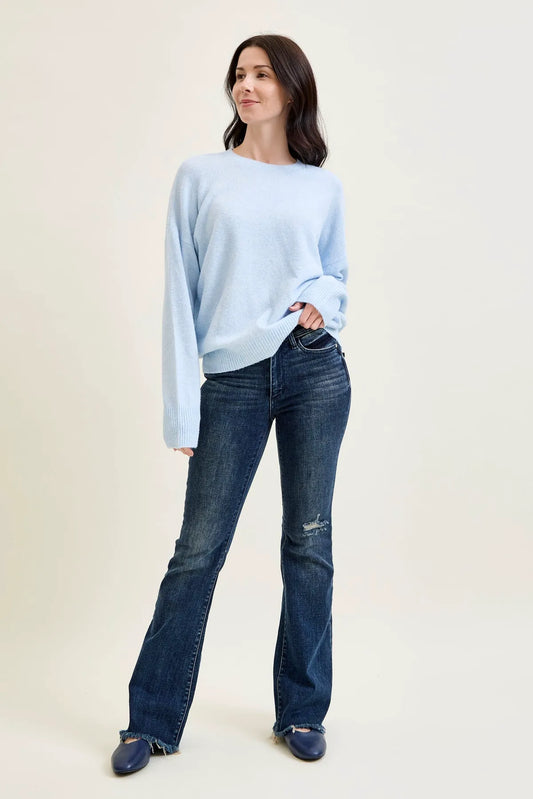 Charlotte Flare Jeans with Distressed Knee & Frayed Hem