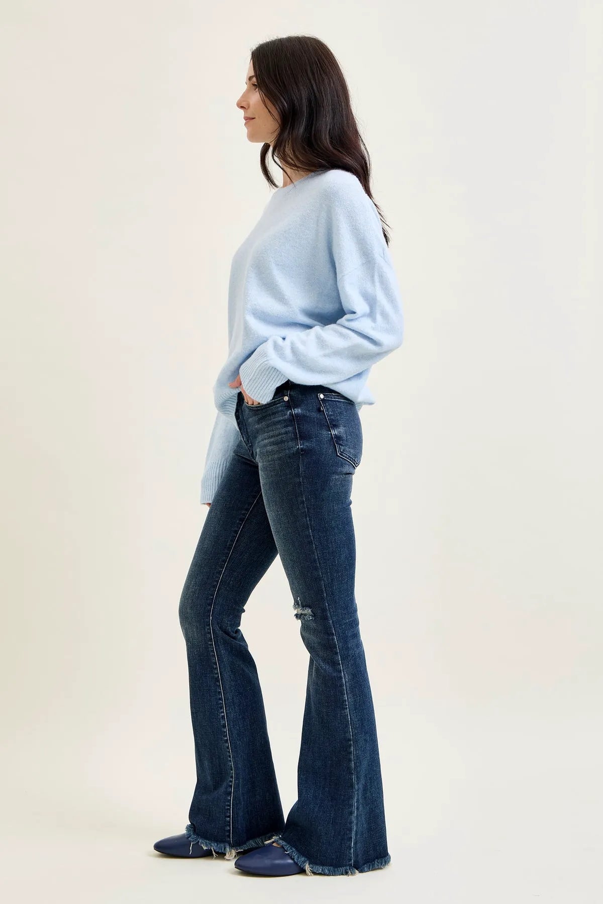Charlotte Flare Jeans with Distressed Knee & Frayed Hem