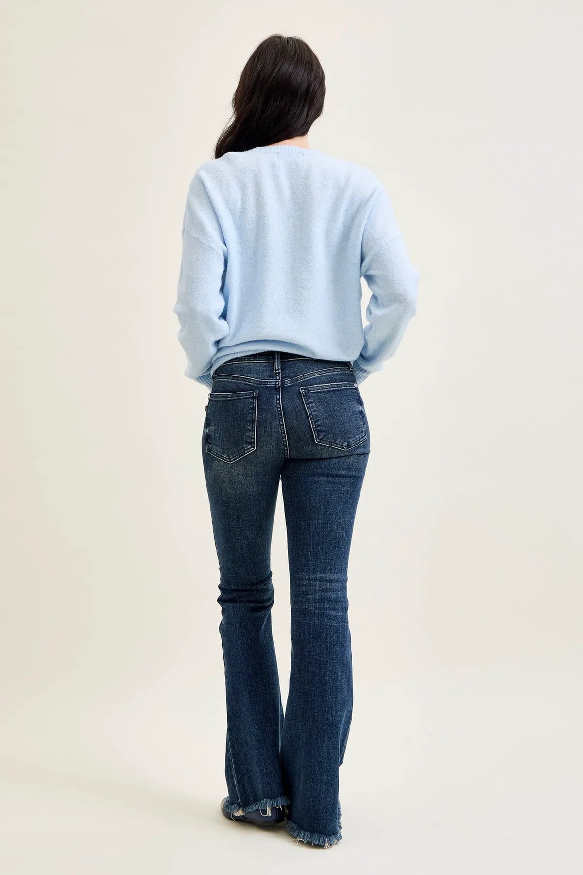 Charlotte Flare Jeans with Distressed Knee & Frayed Hem