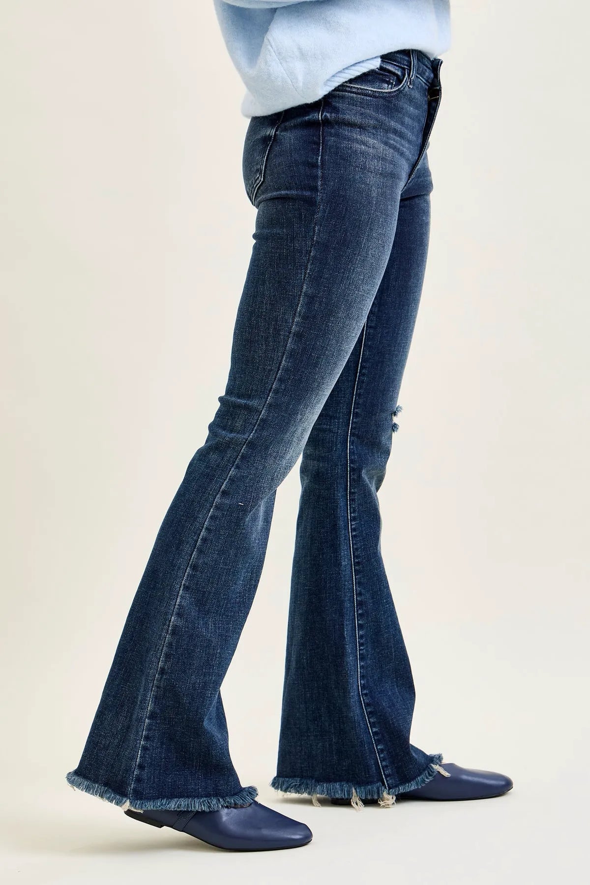 Charlotte Flare Jeans with Distressed Knee & Frayed Hem