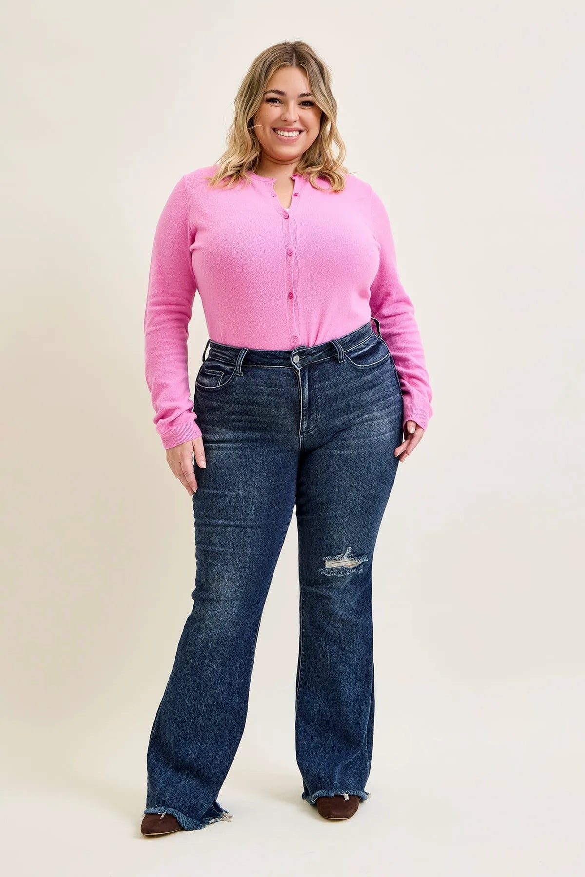 Charlotte Flare Jeans with Distressed Knee & Frayed Hem - PLUS