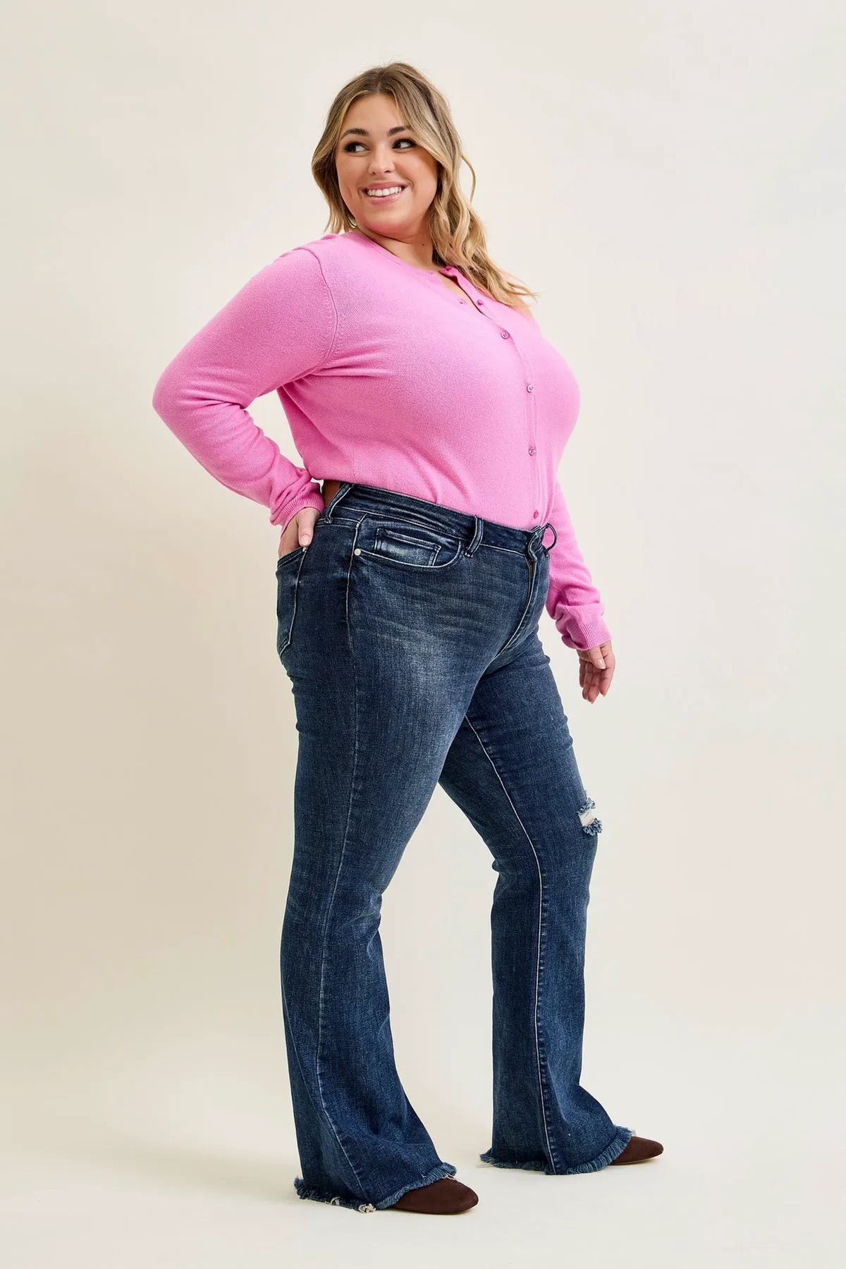 Charlotte Flare Jeans with Distressed Knee & Frayed Hem - PLUS