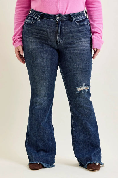 Charlotte Flare Jeans with Distressed Knee & Frayed Hem - PLUS