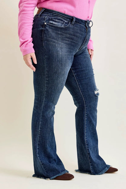 Charlotte Flare Jeans with Distressed Knee & Frayed Hem - PLUS