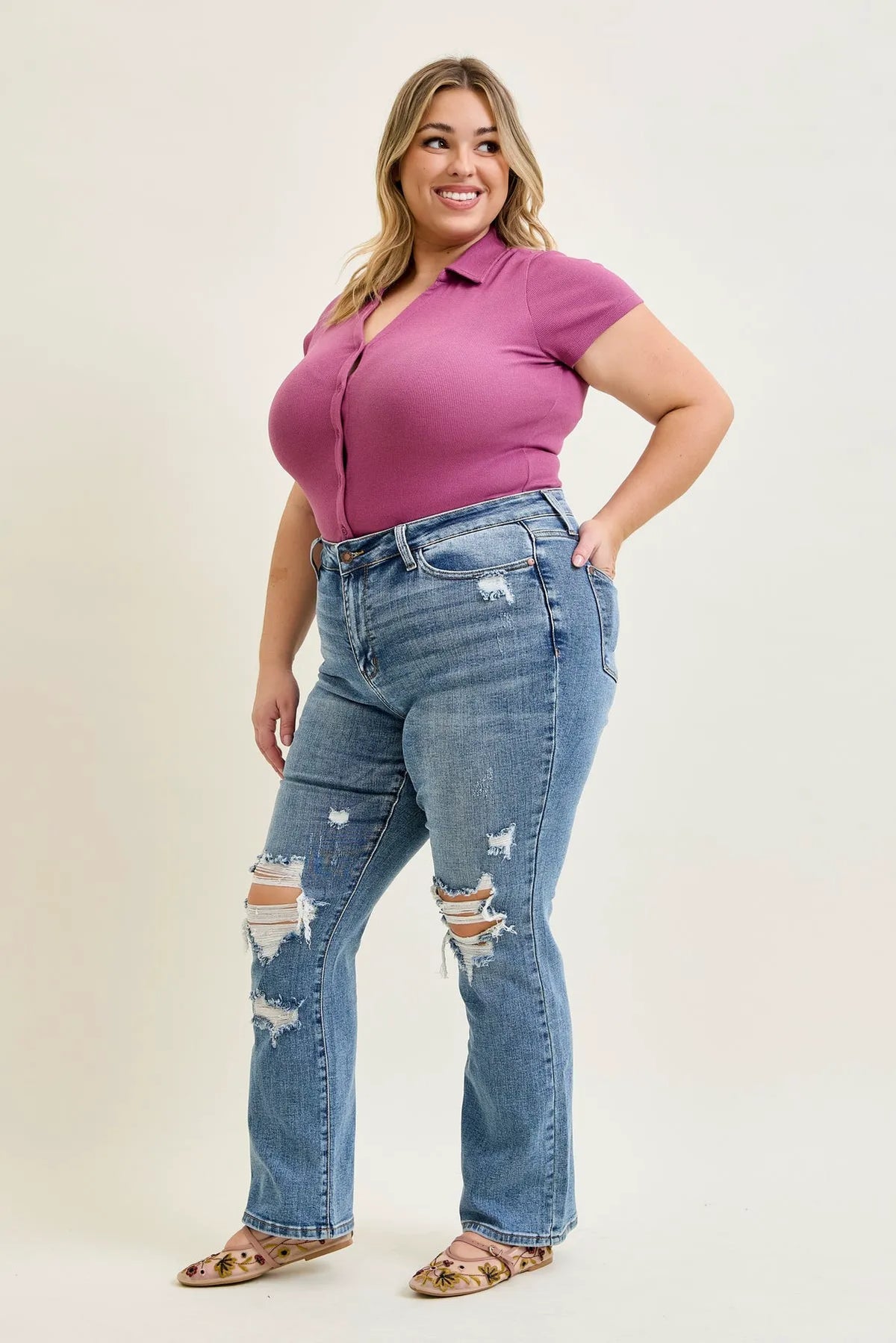 Daisy Stone Wash Ripped Bootcut Jeans - PLUS