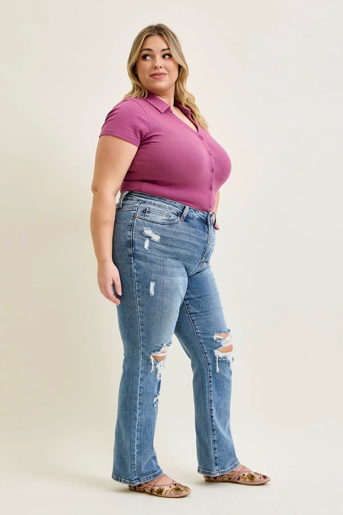 Daisy Stone Wash Ripped Bootcut Jeans - PLUS