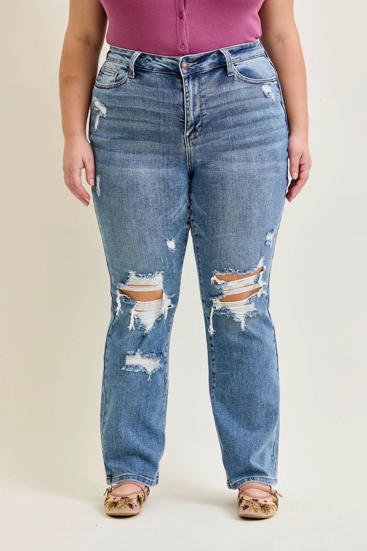 Daisy Stone Wash Ripped Bootcut Jeans - PLUS
