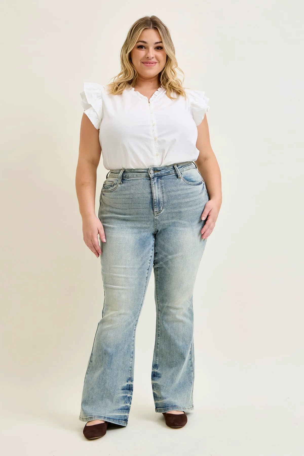Charlotte Tinted Pin Tack Detail Flare Jeans - PLUS