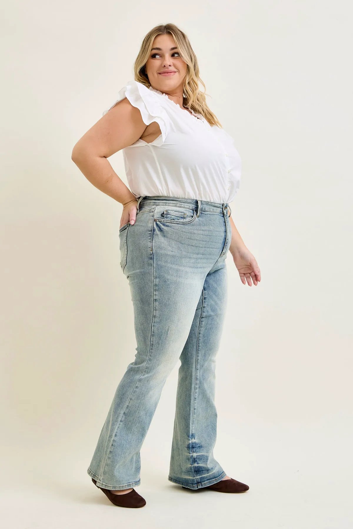 Charlotte Tinted Pin Tack Detail Flare Jeans - PLUS