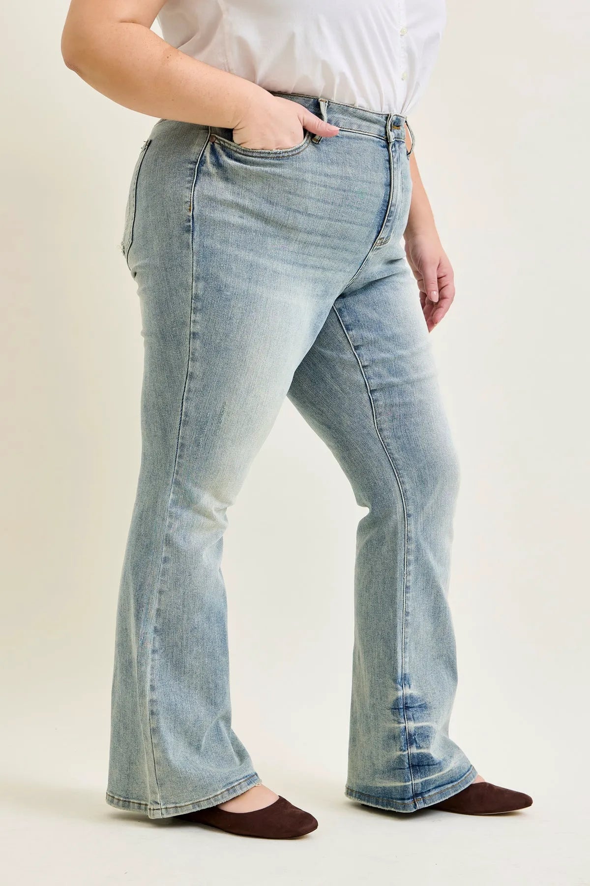 Charlotte Tinted Pin Tack Detail Flare Jeans - PLUS