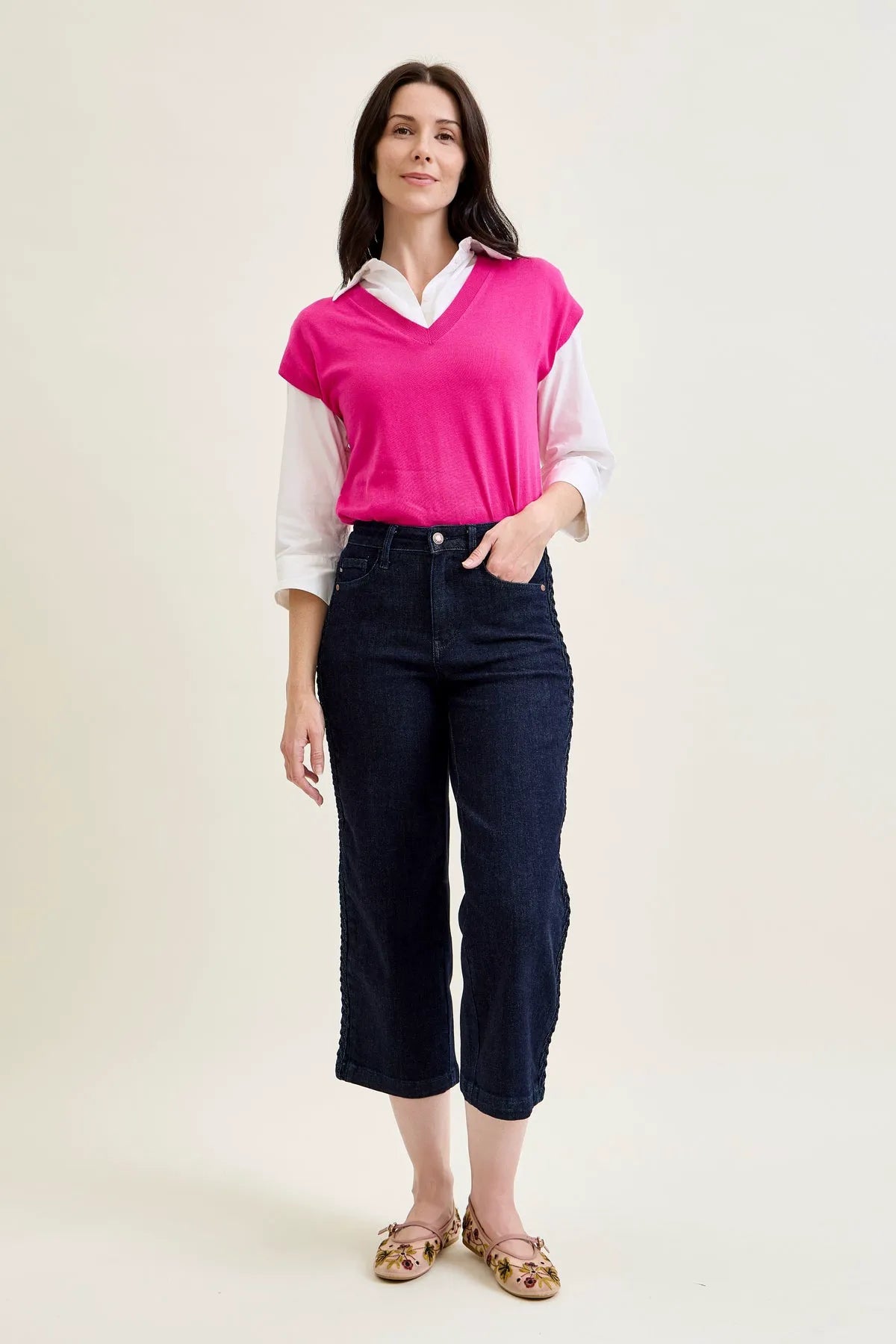 Dottie Side Seam Braid Cropped Wide Leg Jeans