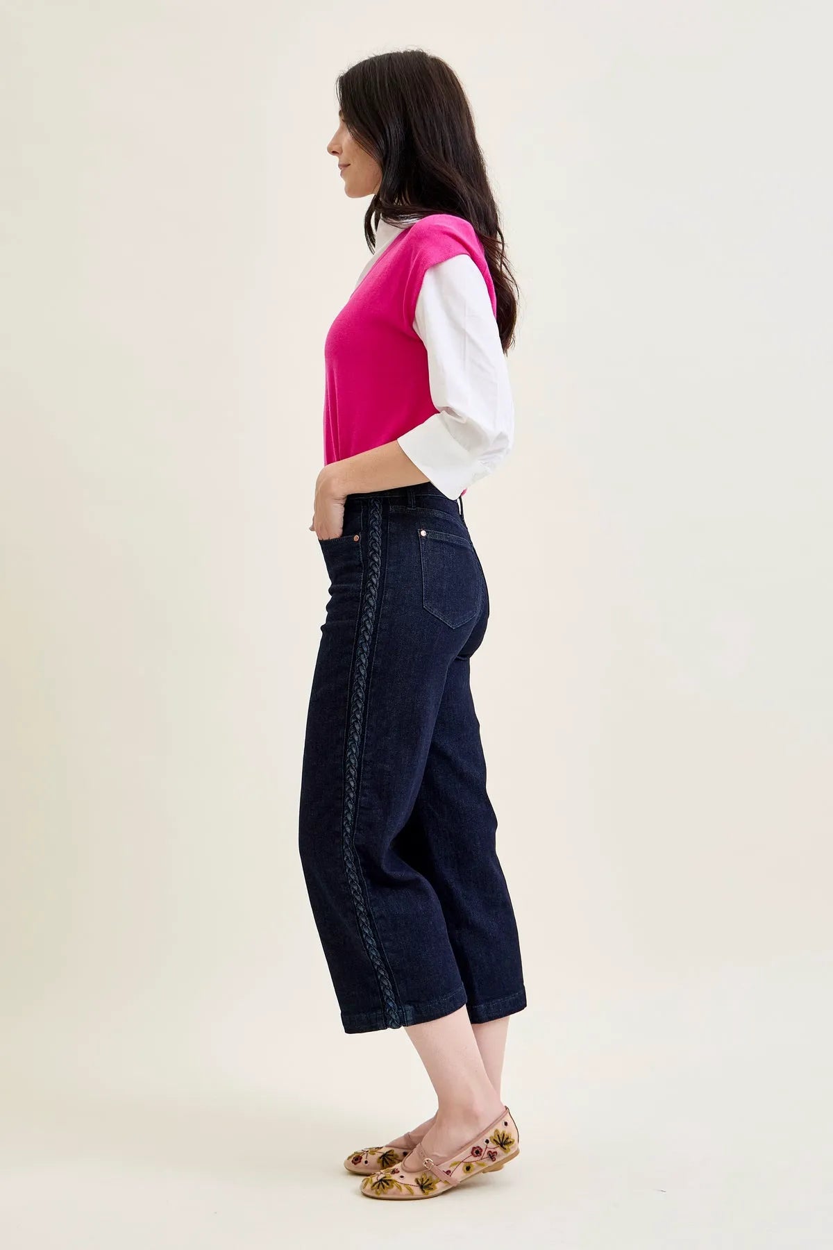 Dottie Side Seam Braid Cropped Wide Leg Jeans