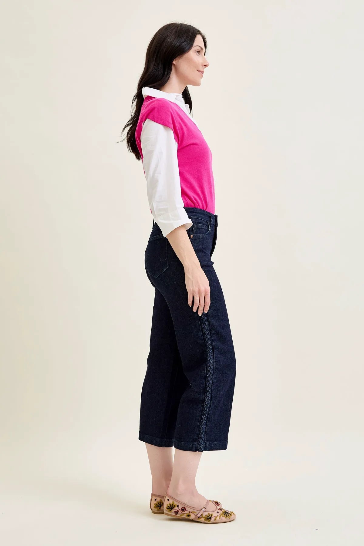 Dottie Side Seam Braid Cropped Wide Leg Jeans