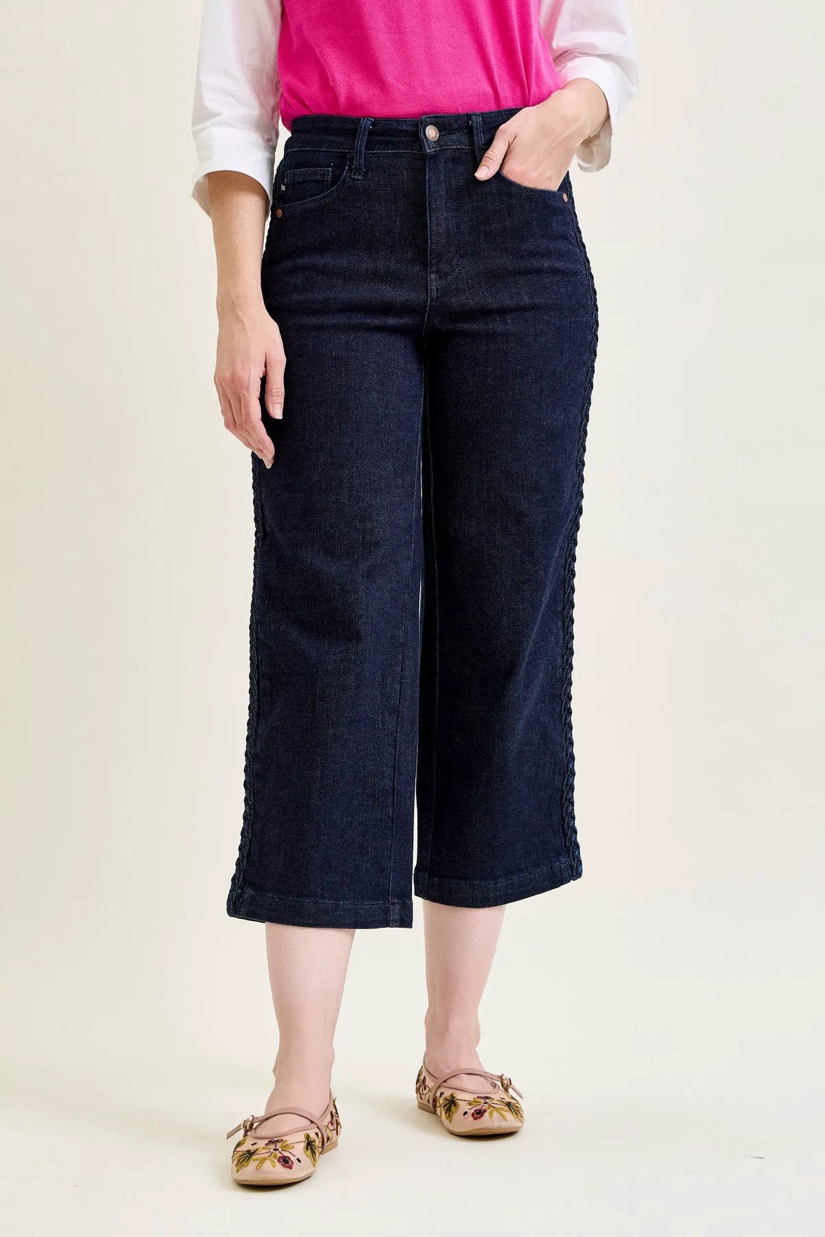 Dottie Side Seam Braid Cropped Wide Leg Jeans