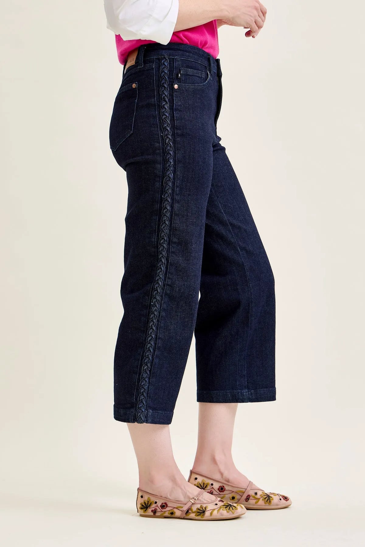 Dottie Side Seam Braid Cropped Wide Leg Jeans