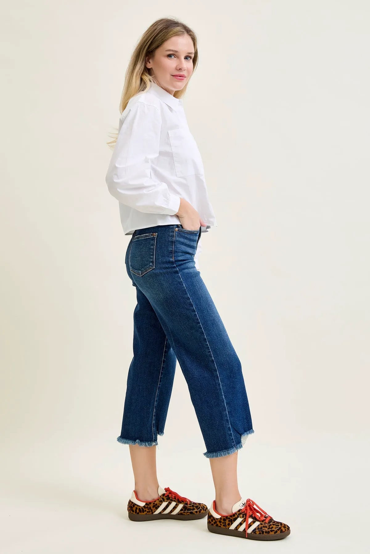 Dottie Button Fly Distressed Hem Crop Wide