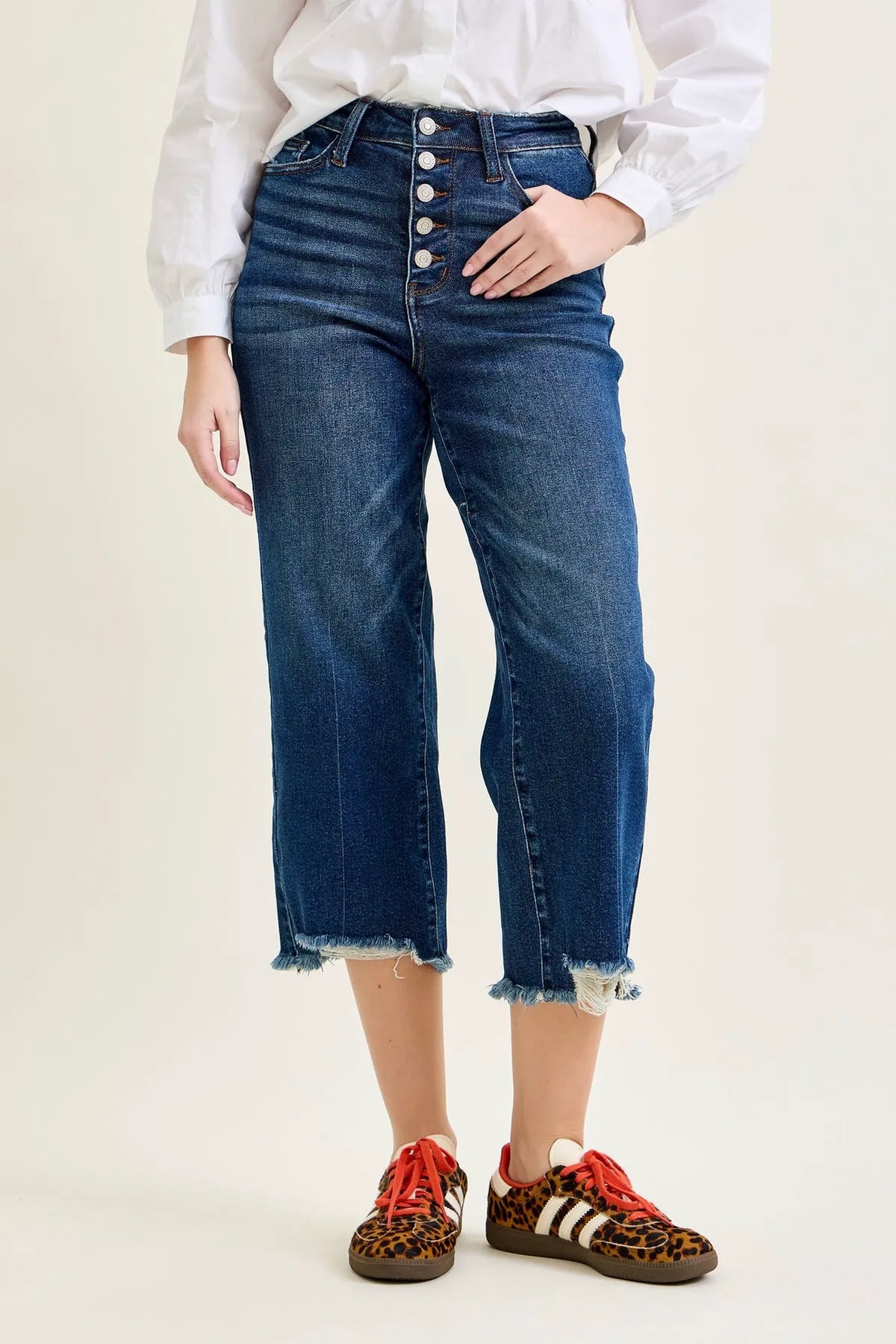 Dottie Button Fly Distressed Hem Crop Wide