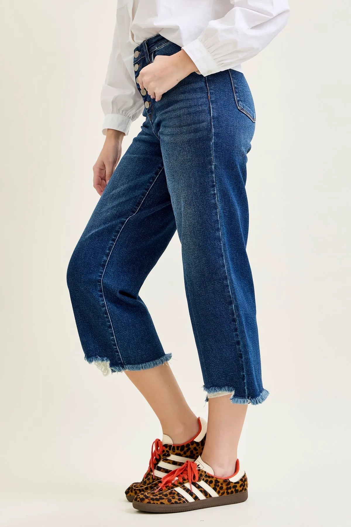 Dottie Button Fly Distressed Hem Crop Wide