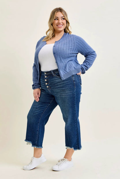 Dottie Button Fly Distressed Hem Crop Wide - PLUS
