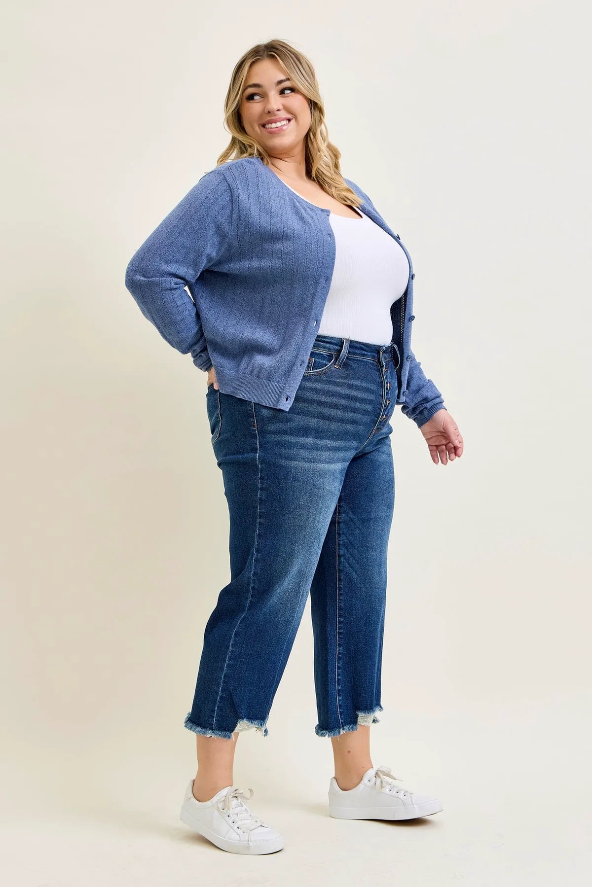 Dottie Button Fly Distressed Hem Crop Wide - PLUS