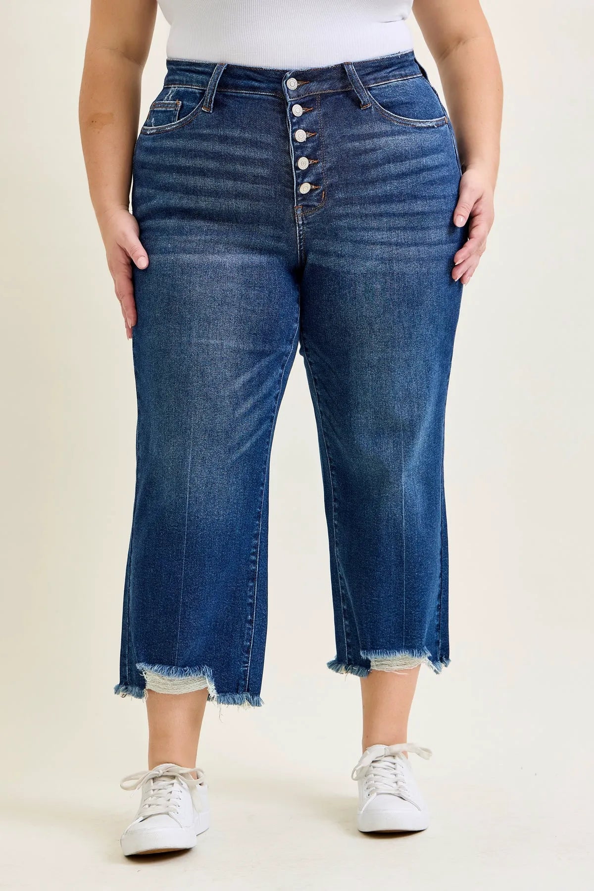 Dottie Button Fly Distressed Hem Crop Wide - PLUS