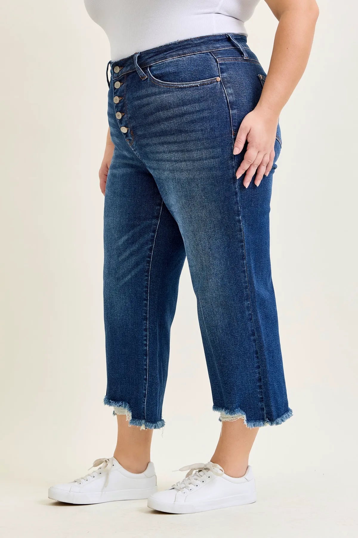 Dottie Button Fly Distressed Hem Crop Wide - PLUS