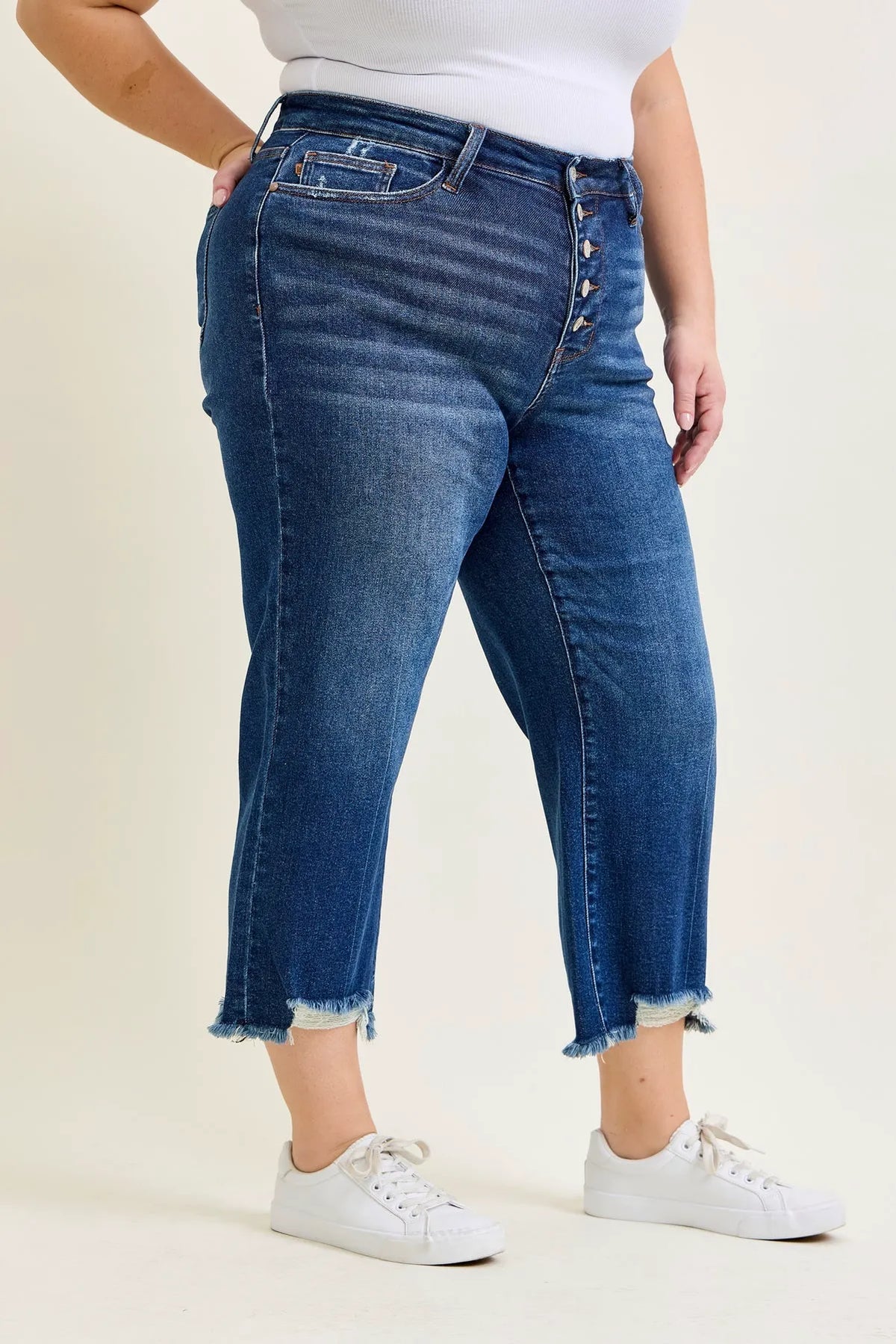 Dottie Button Fly Distressed Hem Crop Wide - PLUS