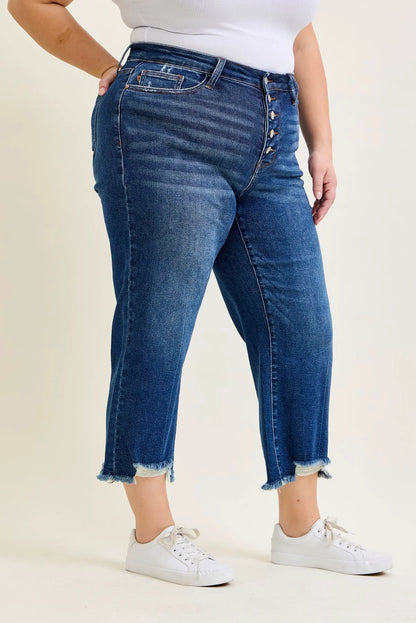 Dottie Button Fly Distressed Hem Crop Wide - PLUS