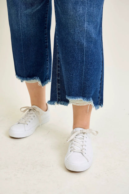 Dottie Button Fly Distressed Hem Crop Wide - PLUS