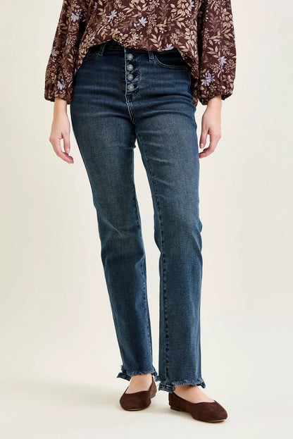 Kimberly Button Fly Hem Distressed Straight Jeans
