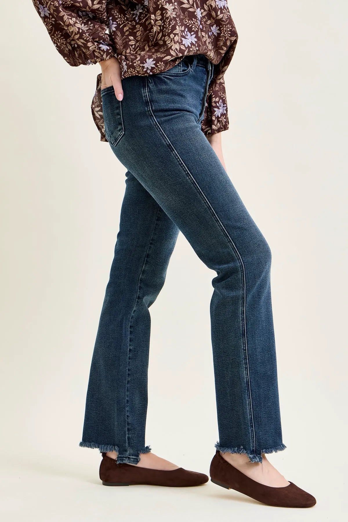 Kimberly Button Fly Hem Distressed Straight Jeans