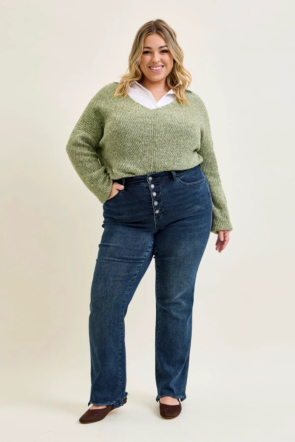 Kimberly Button Fly Hem Distressed Straight Jeans - PLUS