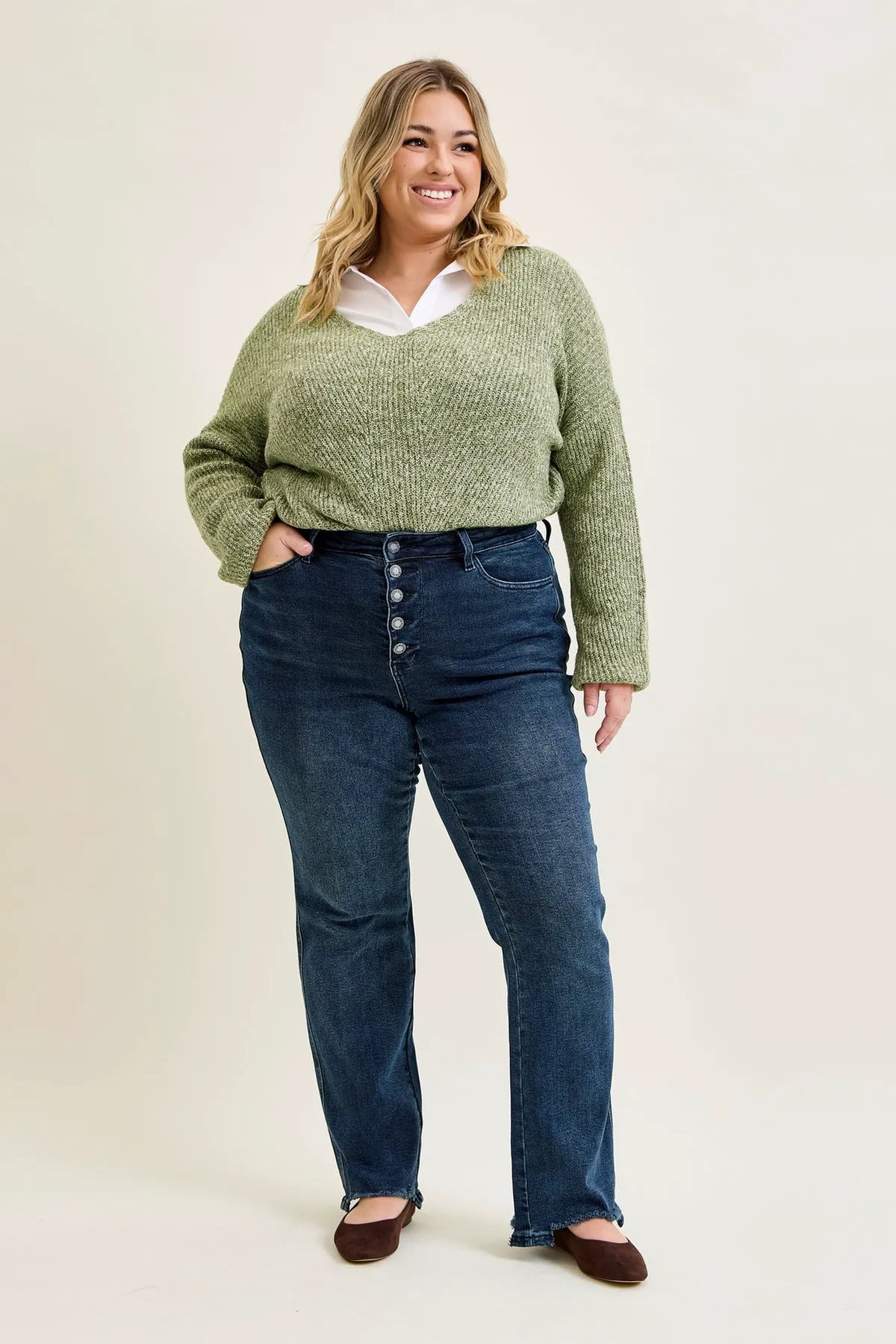 Kimberly Button Fly Hem Distressed Straight Jeans - PLUS