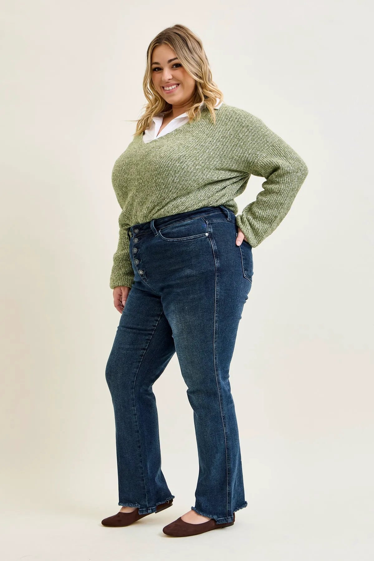 Kimberly Button Fly Hem Distressed Straight Jeans - PLUS