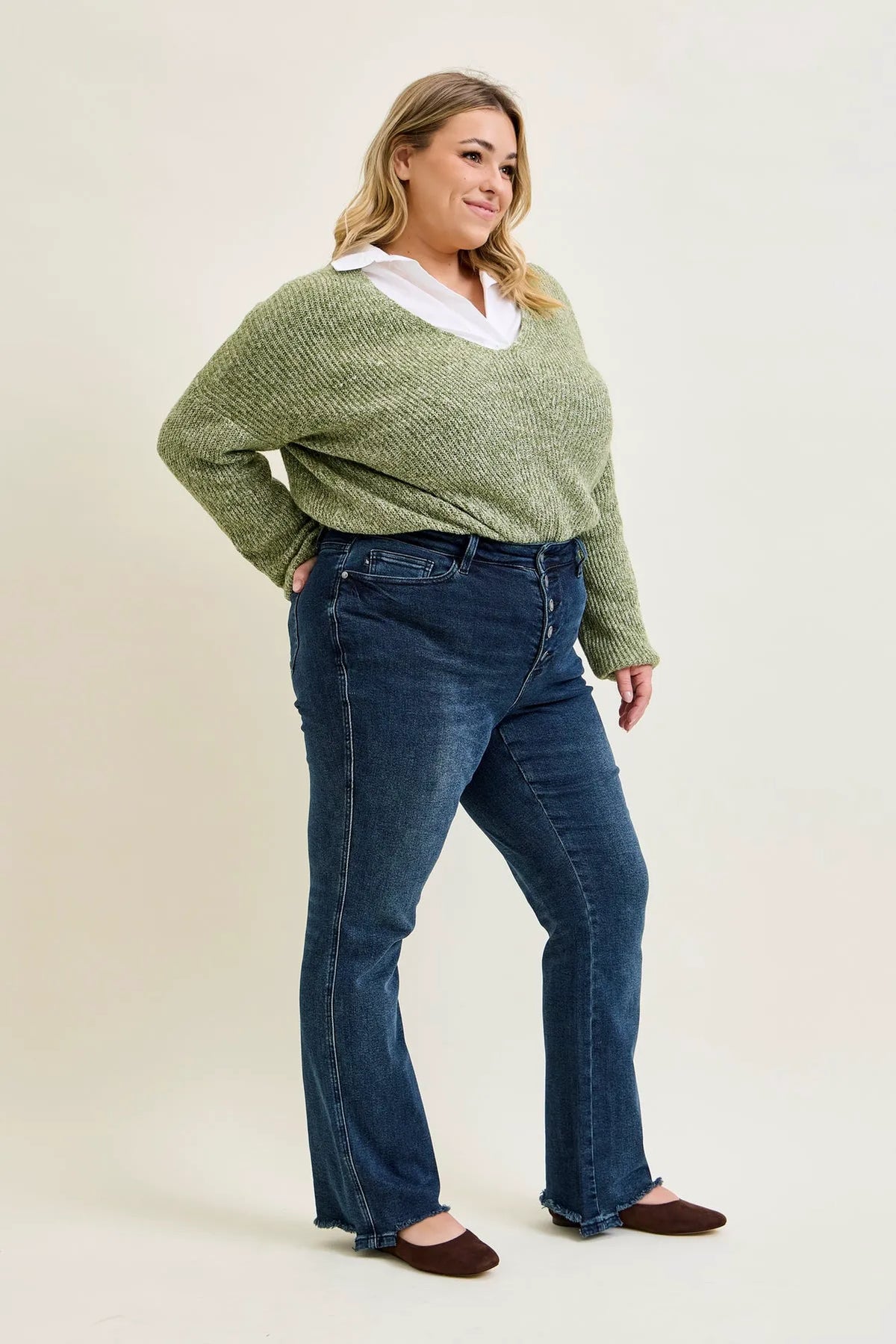 Kimberly Button Fly Hem Distressed Straight Jeans - PLUS